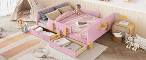 English Elm Twin Low Profile Kids Floor Bed Pine Wood Frame with Safety Rail and Built in Bookshelf Pink W1580P373245