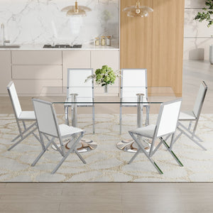 English Elm Table and Chair Set Oval Glass Top Gold Base with 8 Shell Pu Dining Chairs White+Silver W1151S04764
