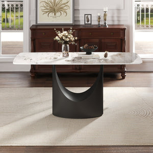 English Elm 63" Modern Artificial Stone Dining Table With Curved Design & Black Iron Legs - Seats 6-8 Comfortably W1535S00560