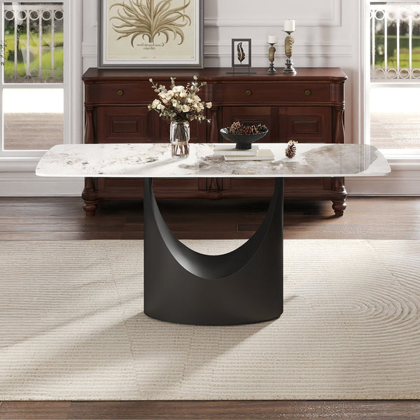 English Elm 63" Modern Artificial Stone Dining Table With Curved Design & Black Iron Legs - Seats 6-8 Comfortably W1535S00560
