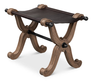 Sarreid Joyner Equestrian Bench - Luxurious Cow Leather & Iron With Gunmetal Finish, Beechwood Barn Grey Style Brown  53725-i