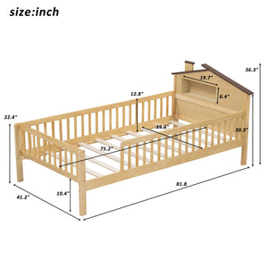 English Elm Twin House-Shaped Platform Bed with Built-In Storage, LED Accent Lighting and Rustic Pine Charm (95) Natural N709P184429M