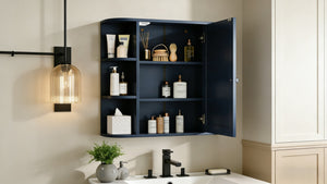 English Elm Bathroom Wall Cabinet with Mirror Door Open Shelving and Adjustable Interior Storage Blue N817P375228B