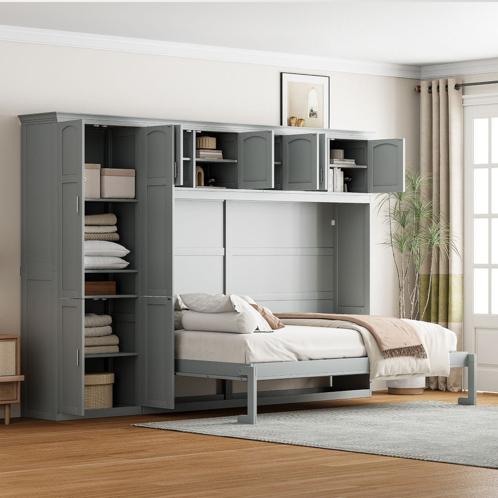 English Elm Queen Murphy Wall Bed with Integrated Wardrobe and Drawers for Studio Spaces LP000876AAE-1