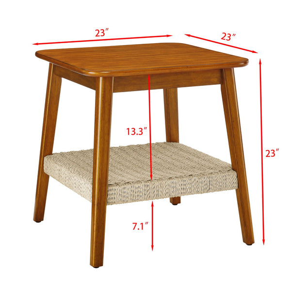 English Elm 23" Mid-Century Side Table with Woven Rattan Shelf, Walnut Finish, Solid Wood Legs, Boho Storage Accent Piece W1801109588