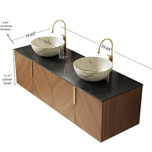 English Elm Dina 60 Inch Floating Bathroom Vanity Sintered Stone Top Dual Glass Basins Wood Grain W2615S00548