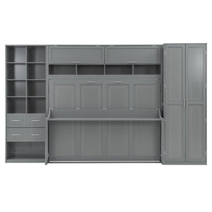 English Elm Queen Murphy Wall Bed Cabinet System with Wardrobe Drawers and Shelving in White Mdf LP000384AAE