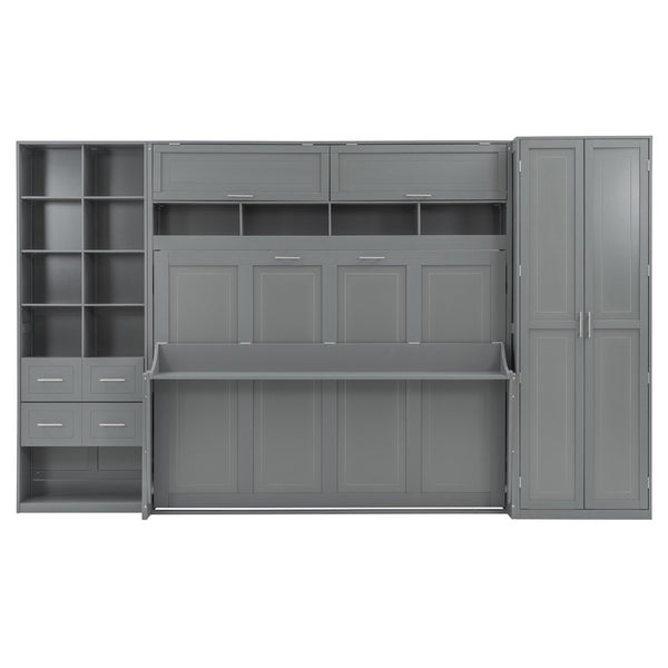 English Elm Queen Murphy Wall Bed Cabinet System with Wardrobe Drawers and Shelving in White Mdf LP000384AAE