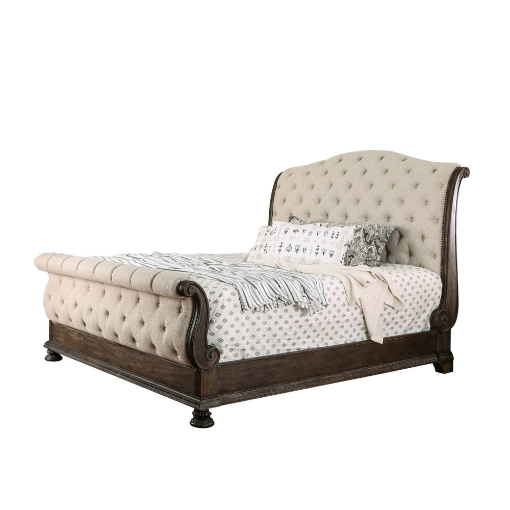 English Elm Rustic Solid Wood Queen Sleigh Bed with Button Tufted Beige Linen Upholstered Frame B2741S00864