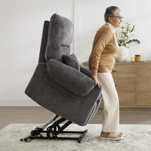 English Elm Jennifer Taylor Home - Glenn Power Lift Assist Recliner - Steel Gray Chenille, Lumbar Pillow, Side Pocket, Quiet Motor B2719P328584