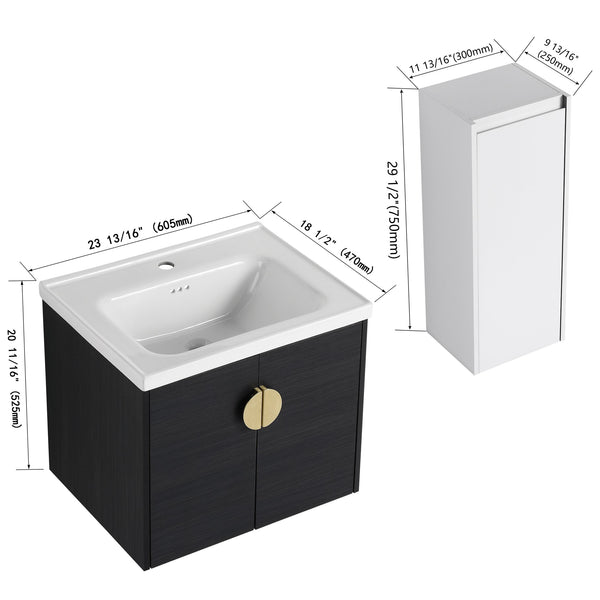 English Elm 24" Wall-Mounted Bathroom Vanity With Ceramic Sink & Side Cabinet - Stylish Storage Solution! W999S00326