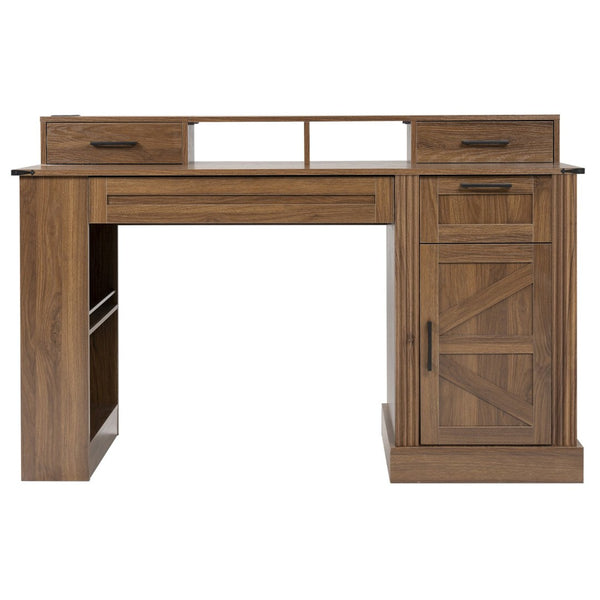 English Elm 55" Farmhouse Writing Desk with Cabinet Charging Station Pegboard and Monitor Stand Dark Walnut W2917S00009