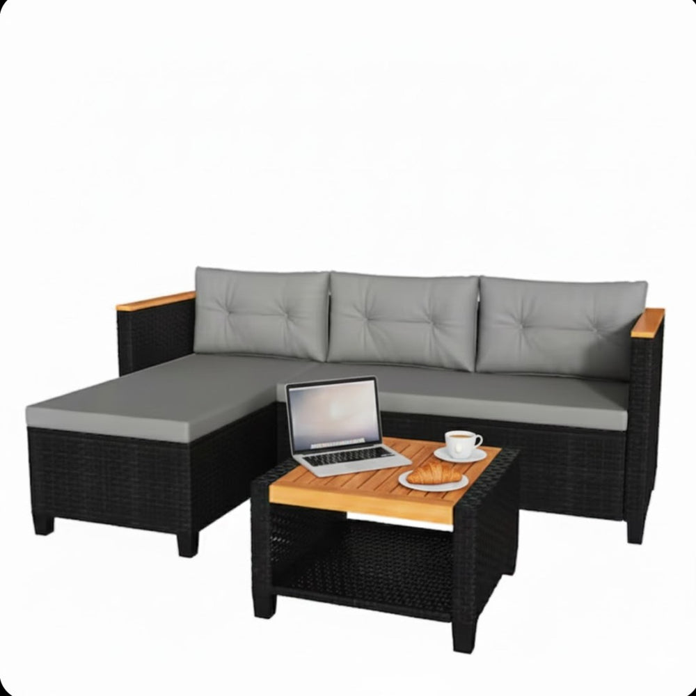 English Elm 3-piece Outdoor Pe Rattan L-shaped Sectional with Acacia Storage Table for Patio Black+Grey B082P455129