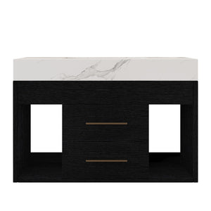 English Elm 29.9" Floating Bathroom Vanity Sintered Stone Top Soft Close Drawers Bronze Gold Hardware W3136S00038