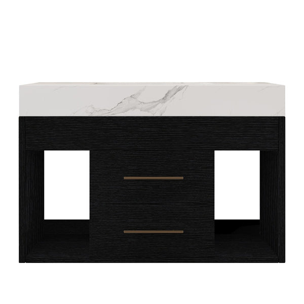 English Elm 29.9" Floating Bathroom Vanity Sintered Stone Top Soft Close Drawers Bronze Gold Hardware W3136S00038