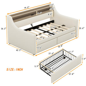 English Elm Twin Size Daybed With Storage Drawers, Charging Station & Led Lights - Stylish Beige Upholstered Design W1580S00033-GIGA