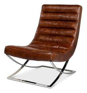 Sarreid Cassino Lounge - Elegant Newark Brown Cowhide Leather Sofa With Silver Stainless Steel Accents Brown  53784