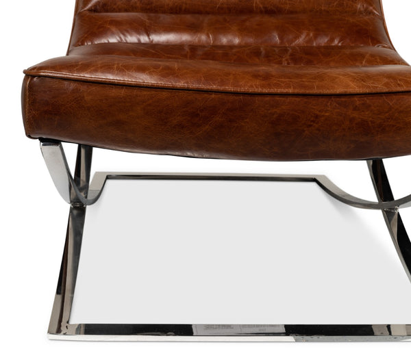 Sarreid Cassino Lounge - Elegant Newark Brown Cowhide Leather Sofa With Silver Stainless Steel Accents Brown  53784