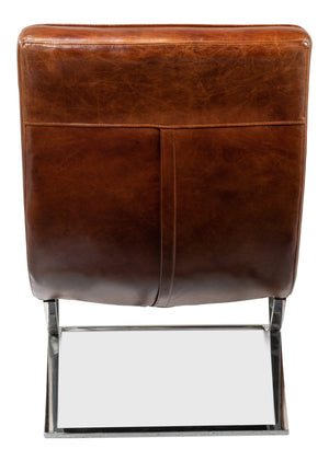 Sarreid Cassino Lounge - Elegant Newark Brown Cowhide Leather Sofa With Silver Stainless Steel Accents Brown  53784