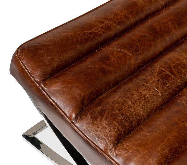 Sarreid Cassino Lounge - Elegant Newark Brown Cowhide Leather Sofa With Silver Stainless Steel Accents Brown  53784