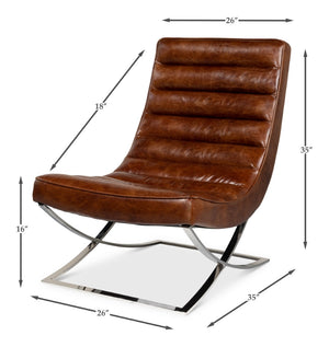 Sarreid Cassino Lounge - Elegant Newark Brown Cowhide Leather Sofa With Silver Stainless Steel Accents Brown  53784