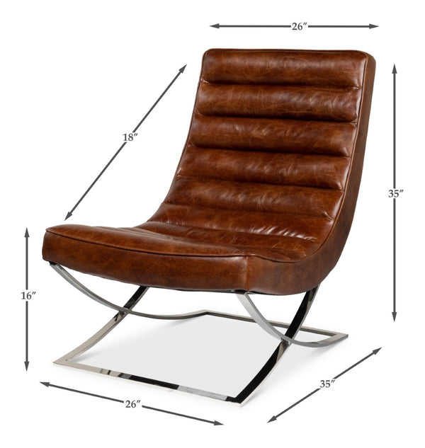 Sarreid Cassino Lounge - Elegant Newark Brown Cowhide Leather Sofa With Silver Stainless Steel Accents Brown  53784