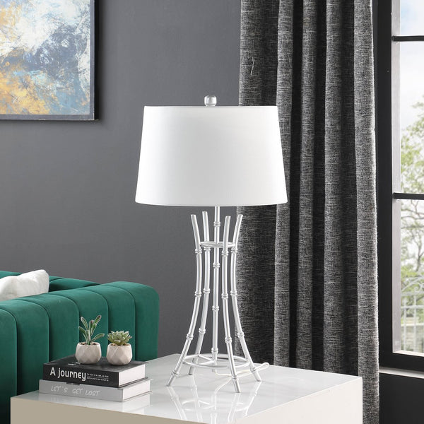 English Elm 29.25" Kiara Modern Satin Brushed Gold Bamboo Table Lamp with Off-White Linen Shade, Elegant Accent Silver+White B072P222429
