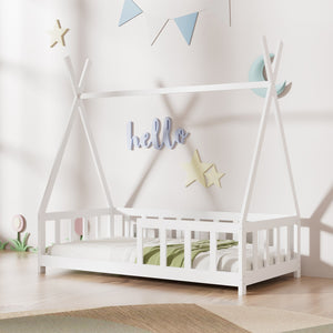 English Elm Floor Bed Cream White Montessori House Frame for Kids with Guardrail Tent Play Space, Solid Wood W2992S00006