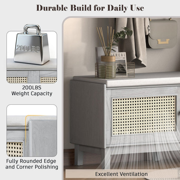 English Elm Trexm Bohemian Rattan Storage Bench Cushioned Seat Shoe Cabinet for Entryway Beige,Gray Wash N715P308012E