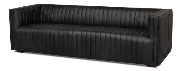 Sarreid Everett Sofa - Luxurious Black Top Grain Leather With Maple Accents For Stylish Living Rooms Black  53795