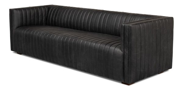 Sarreid Everett Sofa - Luxurious Black Top Grain Leather With Maple Accents For Stylish Living Rooms Black  53795