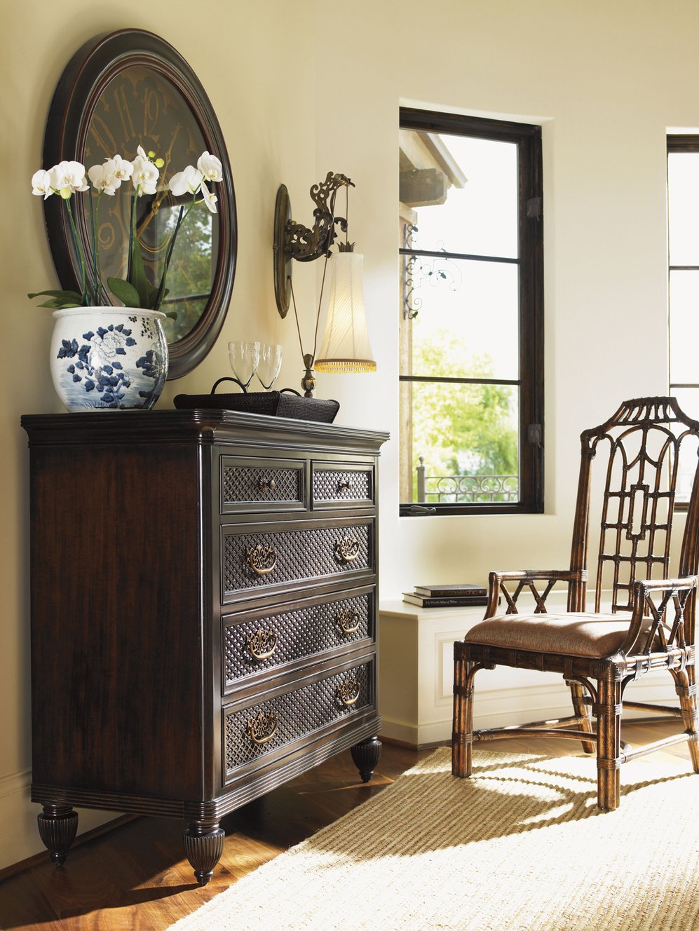 Lexington Tommy Bahama Home Bottega Dressing Chest - Exquisite Ribbon Stripe Mahogany With Intricate Pineapple Carvings, 5 Drawers Kona  537-222