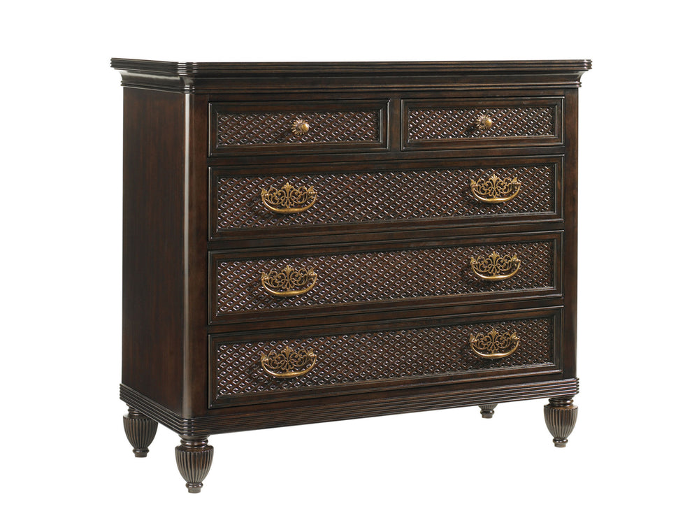 Lexington Tommy Bahama Home Bottega Dressing Chest - Exquisite Ribbon Stripe Mahogany With Intricate Pineapple Carvings, 5 Drawers Kona  537-222