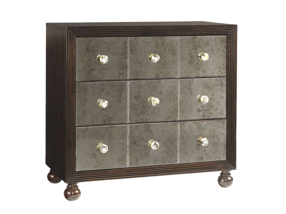 Lexington Tommy Bahama Home Starlight Mirrored Nightstand - Elegant Ribbon Stripe Mahogany With Antique Mirror Drawers & Shell Pulls Kona  537-624