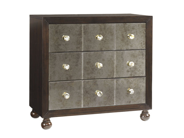 Lexington Tommy Bahama Home Starlight Mirrored Nightstand - Elegant Ribbon Stripe Mahogany With Antique Mirror Drawers & Shell Pulls Kona  537-624