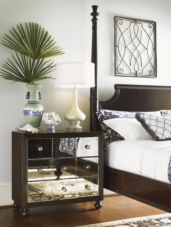 Lexington Tommy Bahama Home Starlight Mirrored Nightstand - Elegant Ribbon Stripe Mahogany With Antique Mirror Drawers & Shell Pulls Kona  537-624