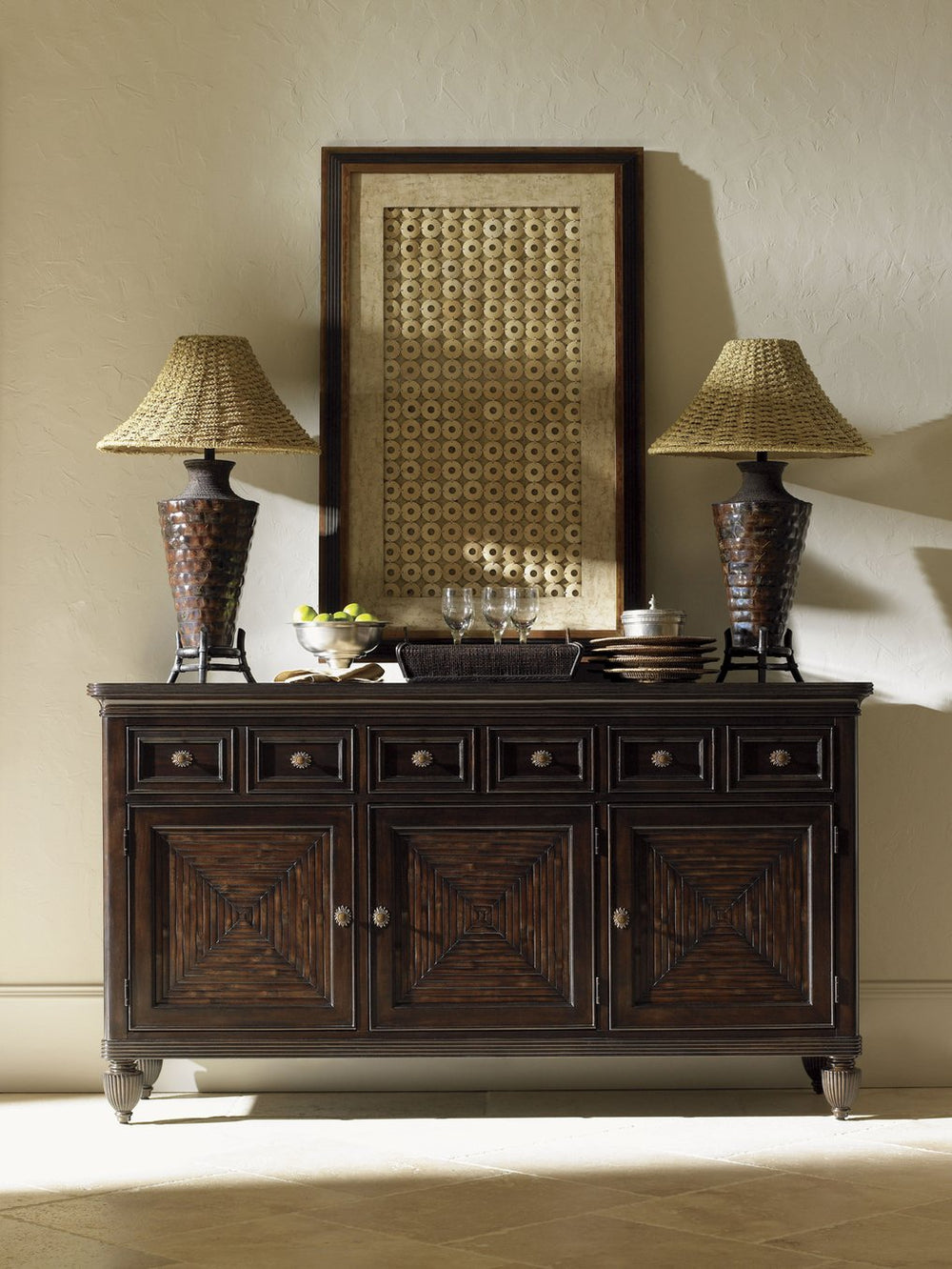 Lexington Tommy Bahama Home Palm Shores Buffet - Exquisite Ribbon Stripe Mahogany Design With Split Bamboo Doors & Elegant Storage Kona  537-852