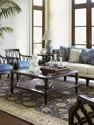 Lexington Tommy Bahama Home Tropic Cocktail Table - Elegant Ribbon Stripe Mahogany Design With Woven Wicker Shelf & Glass Top Kona  537-947