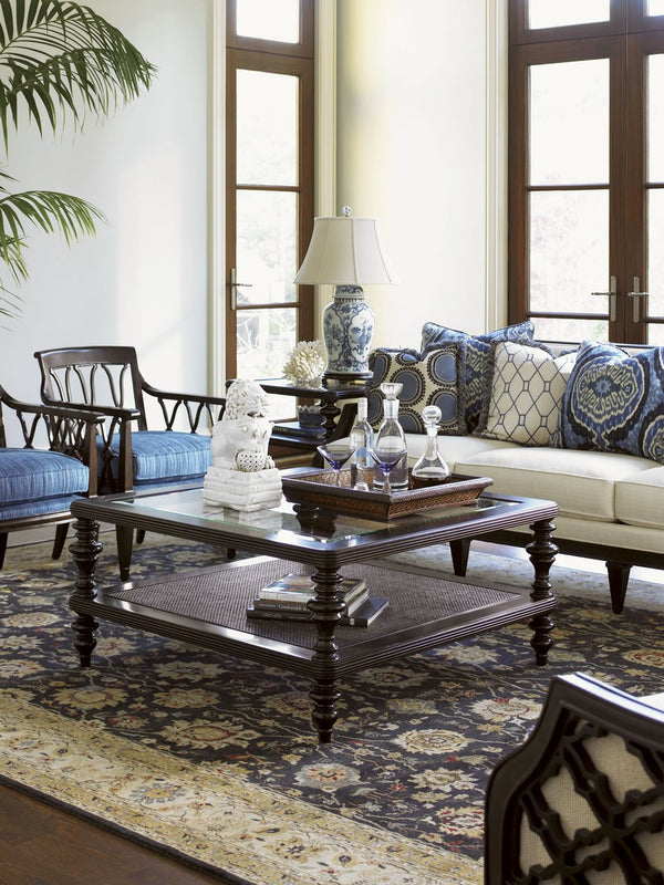 Lexington Tommy Bahama Home Tropic Cocktail Table - Elegant Ribbon Stripe Mahogany Design With Woven Wicker Shelf & Glass Top Kona  537-947