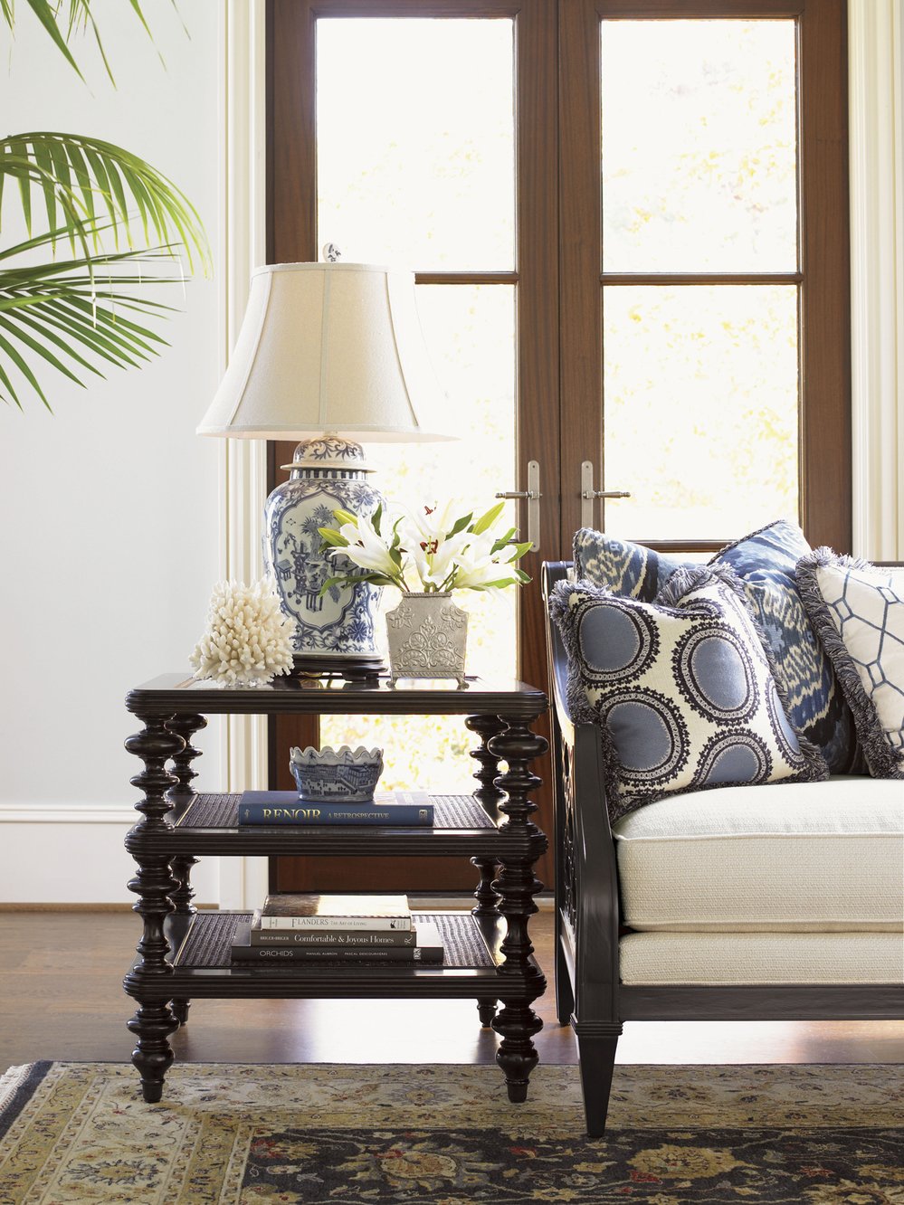 Lexington Tommy Bahama Home Tropic Lamp Table: Elegant Ribbon Stripe Mahogany Design With Beveled Glass Top & Wicker Shelves Kona  537-953