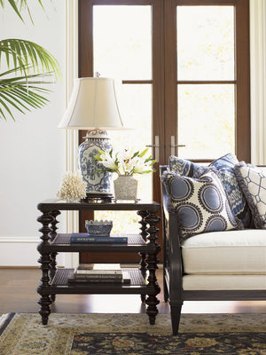 Lexington Tommy Bahama Home Tropic Lamp Table: Elegant Ribbon Stripe Mahogany Design With Beveled Glass Top & Wicker Shelves Kona  537-953