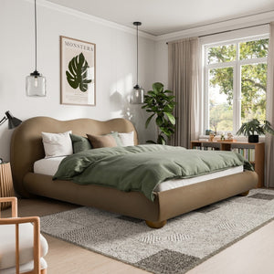 English Elm Brown Boucle Eastern King Bed Camel Back Headboard Round Bun Feet Upholstered Frame Brown B2741S00833