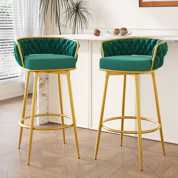English Elm Christopher Knight Home® - Swivel Counter Height Bar Stools Set of 2 with 180° Turn, Hand-Woven Back, Gold Frame, Velvet Comfort Green N762P216979F