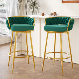 Christopher Knight Home® - Noble House - - Swivel Counter Height Bar Stools Set Of 2, 31.5" Bar Height Stools With Hand-Woven Backrest & Gold Metal Legs, Modern Low Back Upholstered Kitchen Chairs With Footrest For Island, Dining Room,Green