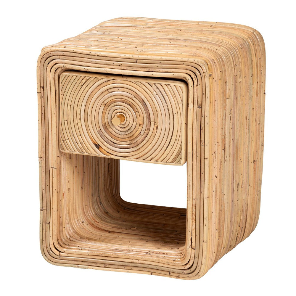 English Elm Bohemian Rattan Weave Nightstand with Drawer and Open Shelf for Organic Bedroom Style B2750P420405