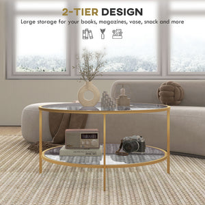 English Elm Homcom Elegant Gold Round Side Table With Two-Tier Tempered Glass Shelves For Stylish Living Rooms W2225P217455