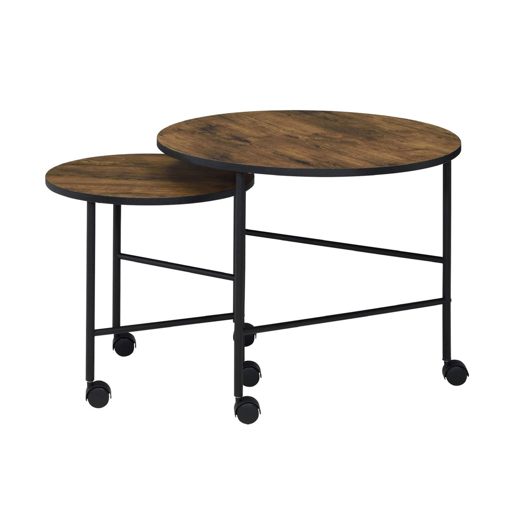 English Elm 2 Round Nesting Tables Set with Casters, Vintage Oak Tops & Metal Frame Base for Modern Living Room Decor B016P316053