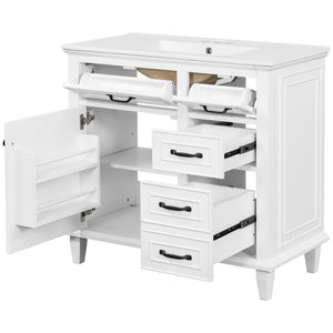 English Elm 36 Inch Bathroom Vanity - Modern Ceramic Sink, Solid Wood Frame, Adjustable Storage & Soft-Close Doors N725P336554K