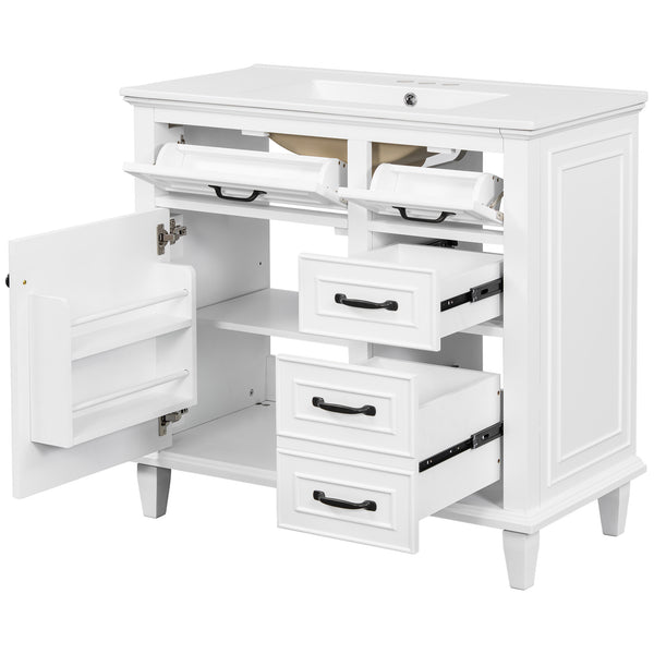 English Elm 36 Inch Bathroom Vanity - Modern Ceramic Sink, Solid Wood Frame, Adjustable Storage & Soft-Close Doors N725P336554K