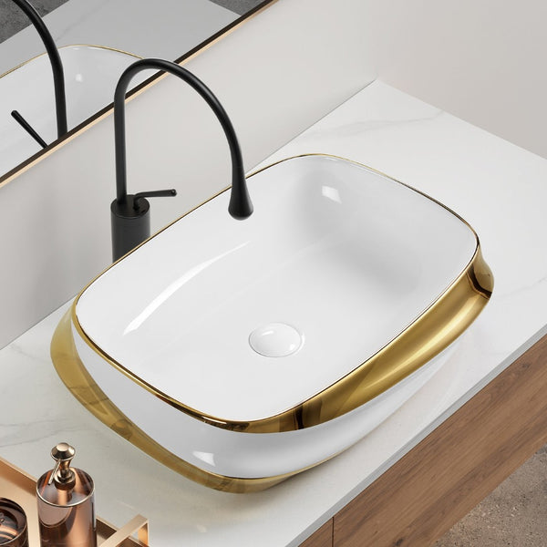 English Elm 24x17" Ceramic Vessel Sink Gold Rim Above Counter Vanity Basin for Modern Bathrooms W3402P435606